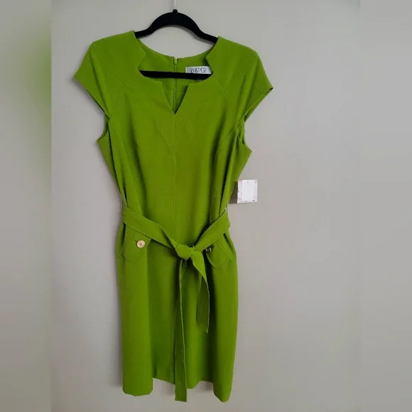 Kasper Crepe Belted Cap Sleeve Sheath Dress, Womens, 10, Avocado